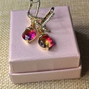 14 K Gold Plated Watermelon Stone Long Drop Earrings